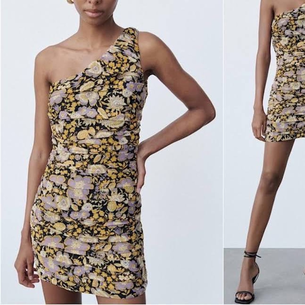 NWT Zara Purple Yellow Floral One Shoulder Bodycon Mini Dress